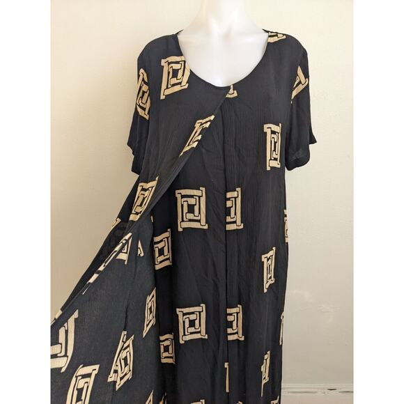 Vintage Krisa Medium Overlay Maxi Dress Black Tan Windowpane Short Sleeves Boho - Picture 6 of 15